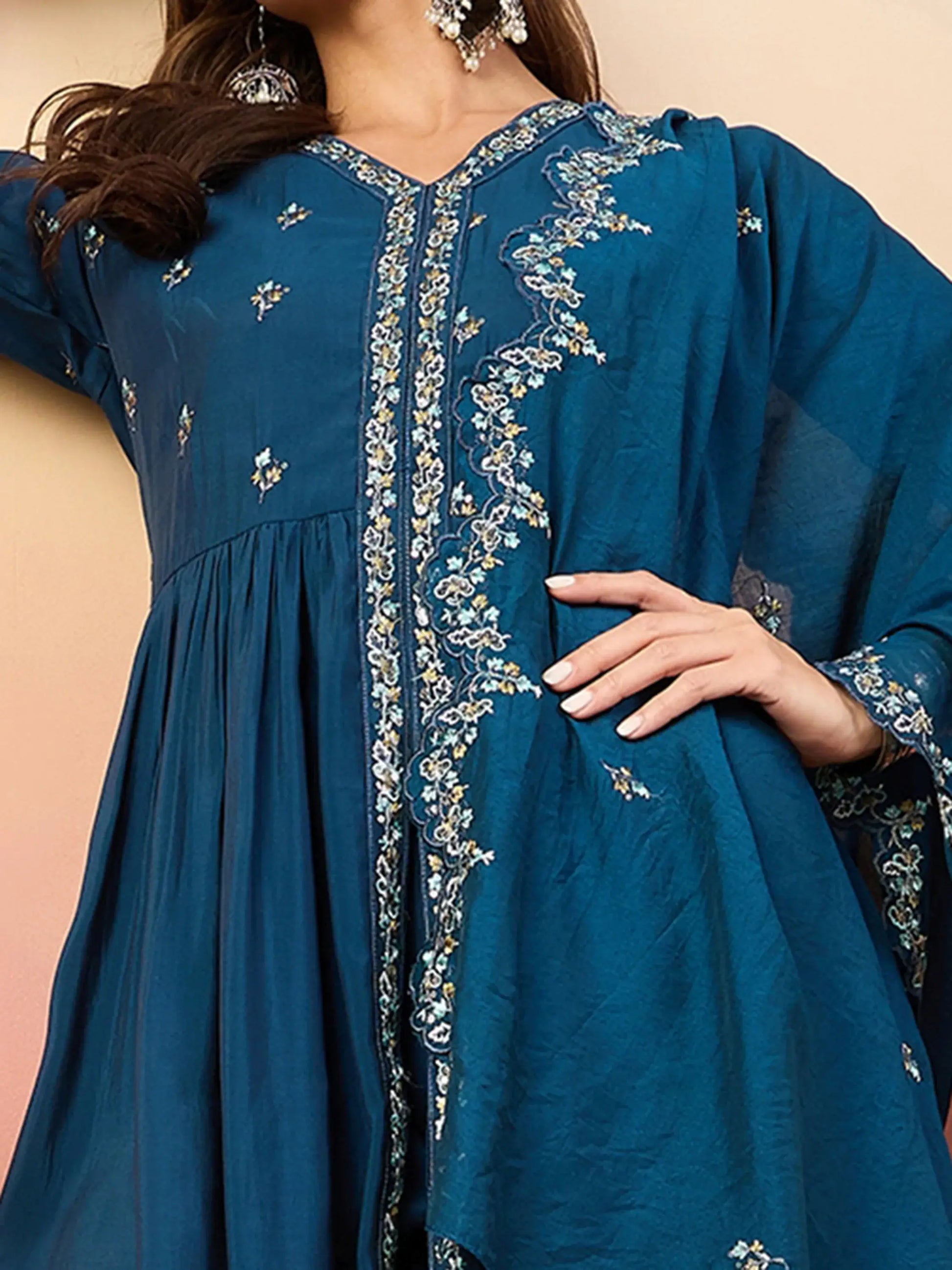 Amazing Blue Embroidered Silk Festival Wear Palazzo Suit With Dupatta - Zeel Clothing