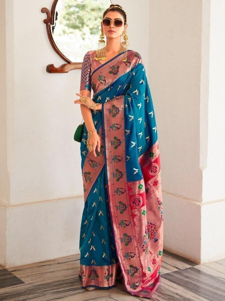Amazing Blue Silk Zari Weaving Engagement Wear Saree With Blouse