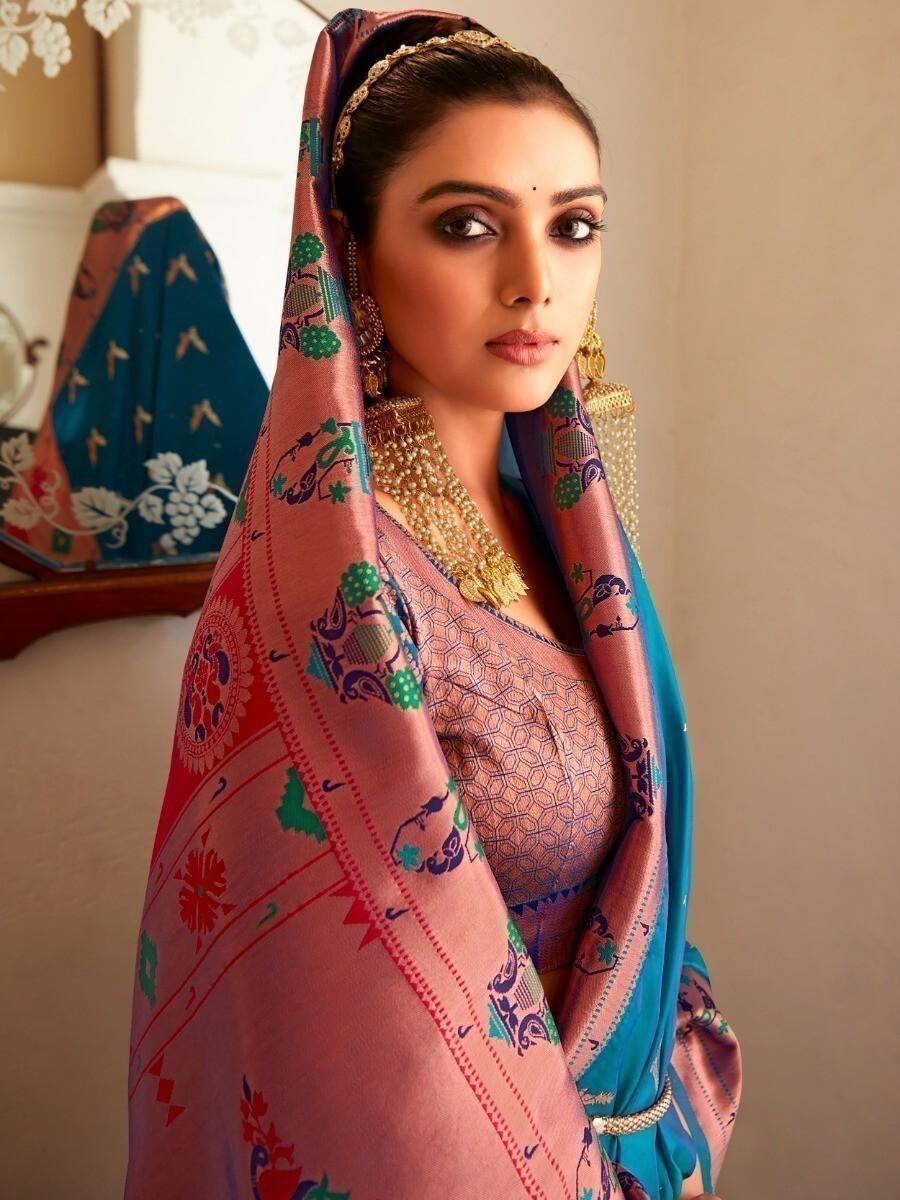 Amazing Blue Silk Zari Weaving Engagement Wear Saree With Blouse