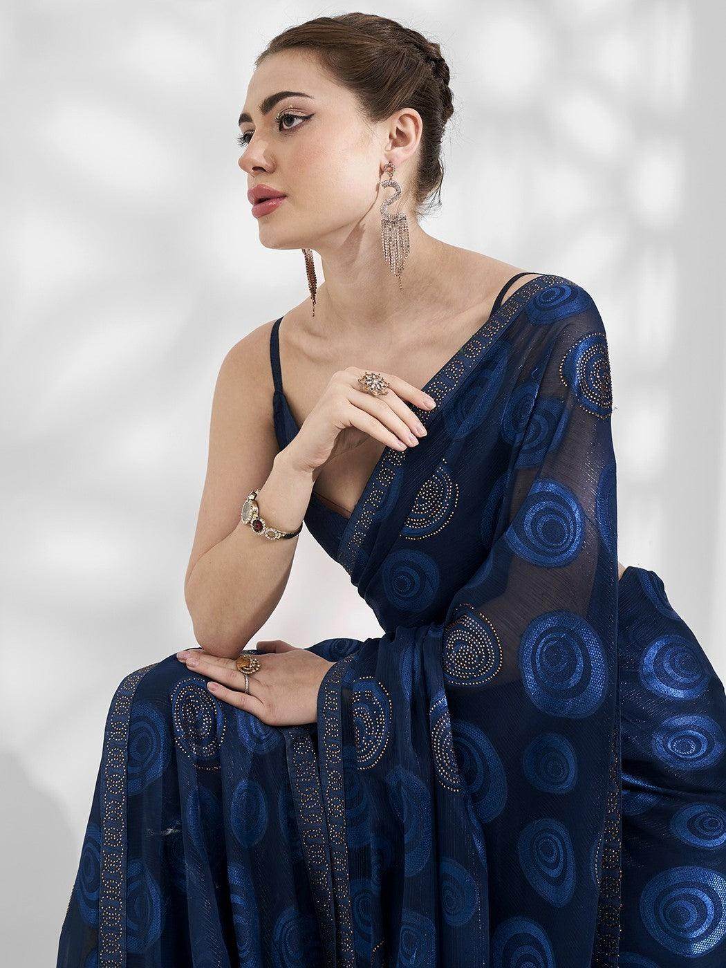 Amazing Blue Swarovski Work Jacquard Sangeet Wear Saree With Blouse - Zeel Clothing
