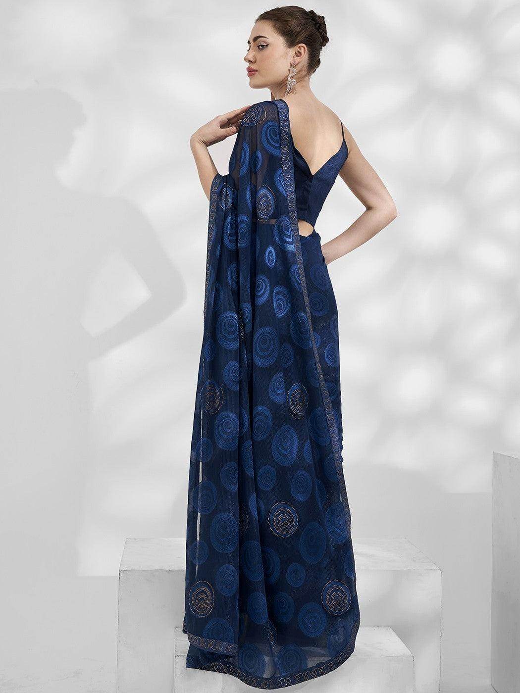 Amazing Blue Swarovski Work Jacquard Sangeet Wear Saree With Blouse - Zeel Clothing