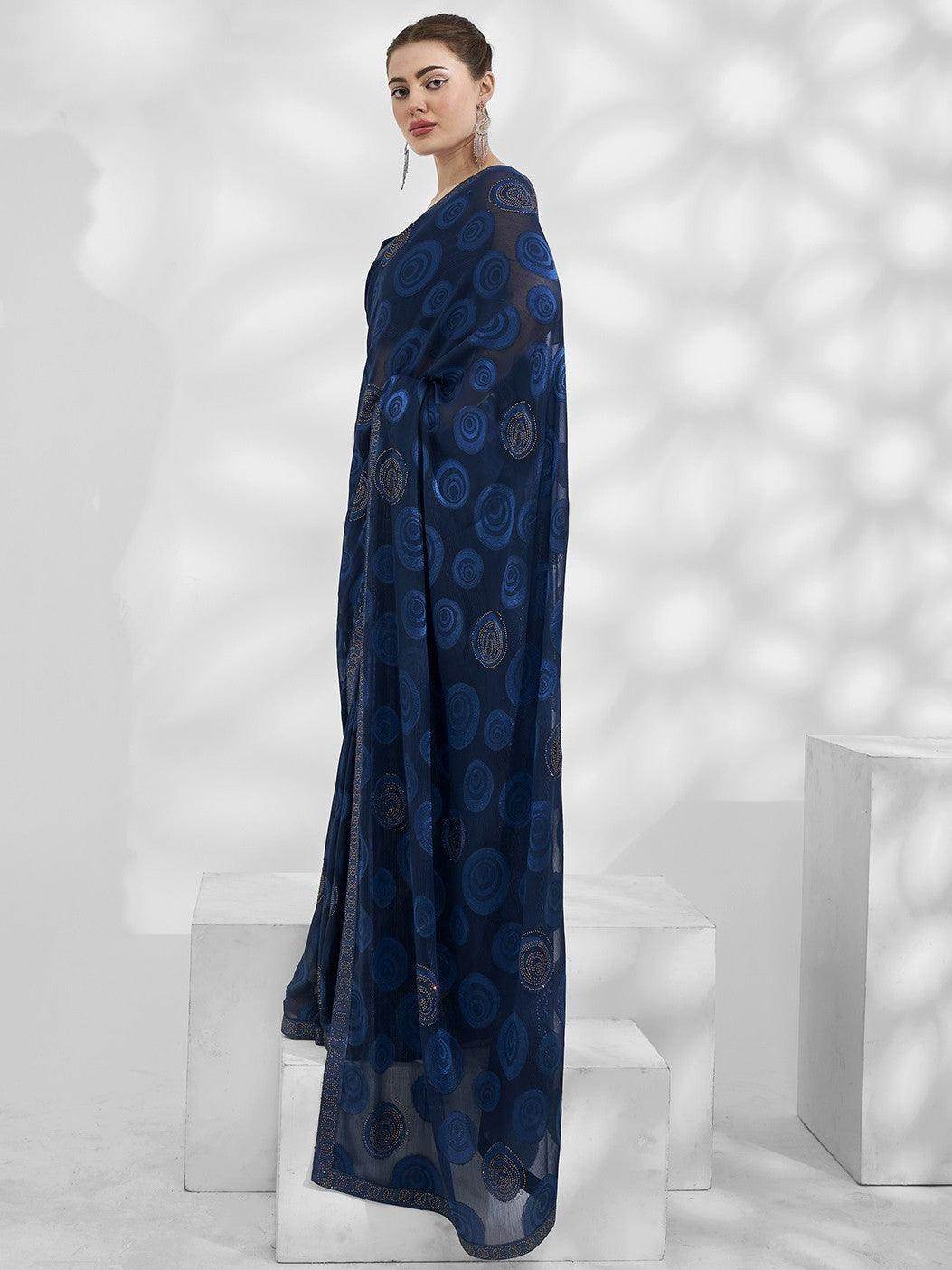 Amazing Blue Swarovski Work Jacquard Sangeet Wear Saree With Blouse - Zeel Clothing