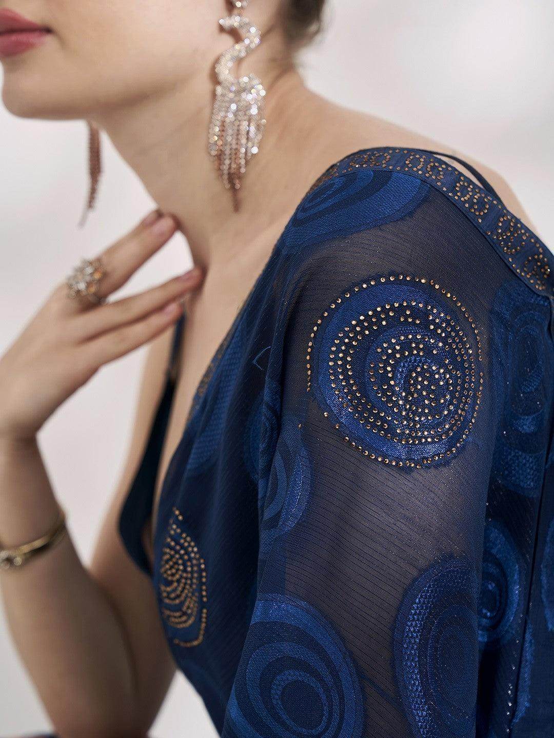 Amazing Blue Swarovski Work Jacquard Sangeet Wear Saree With Blouse - Zeel Clothing