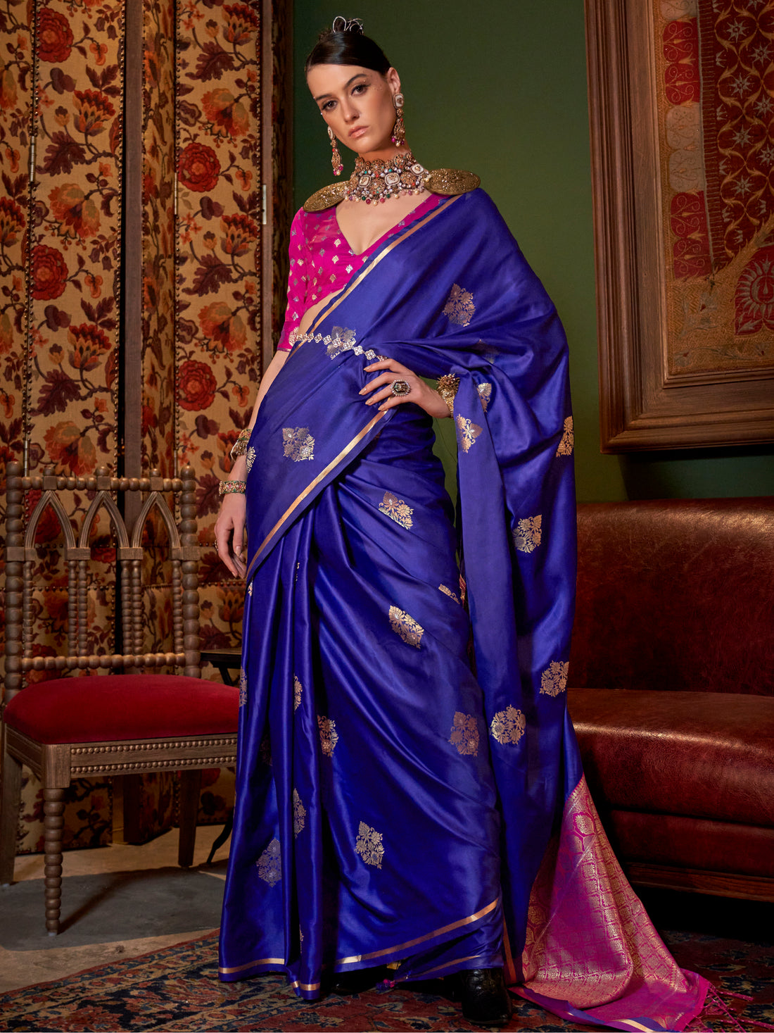 Amazing Blue Zari Weaving Satin Festival Wear Saree With Blouse - Zeel Clothing