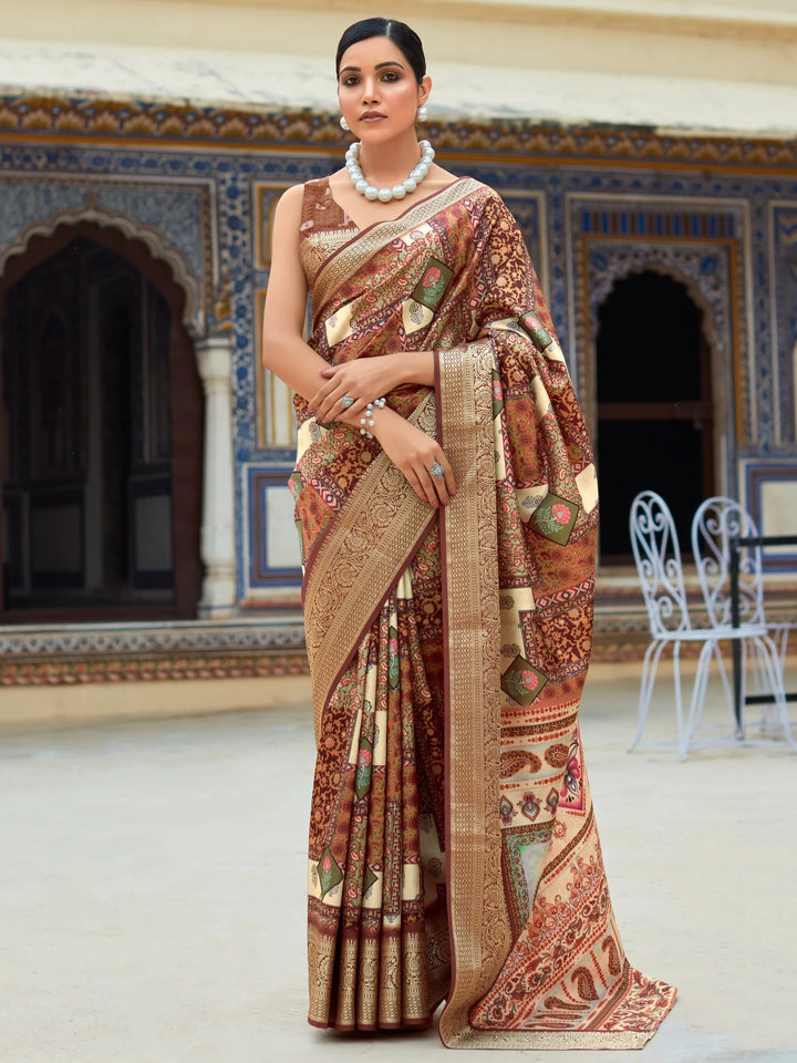 Amazing Brown Digital Printed Silk Events Wear Saree With Blouse