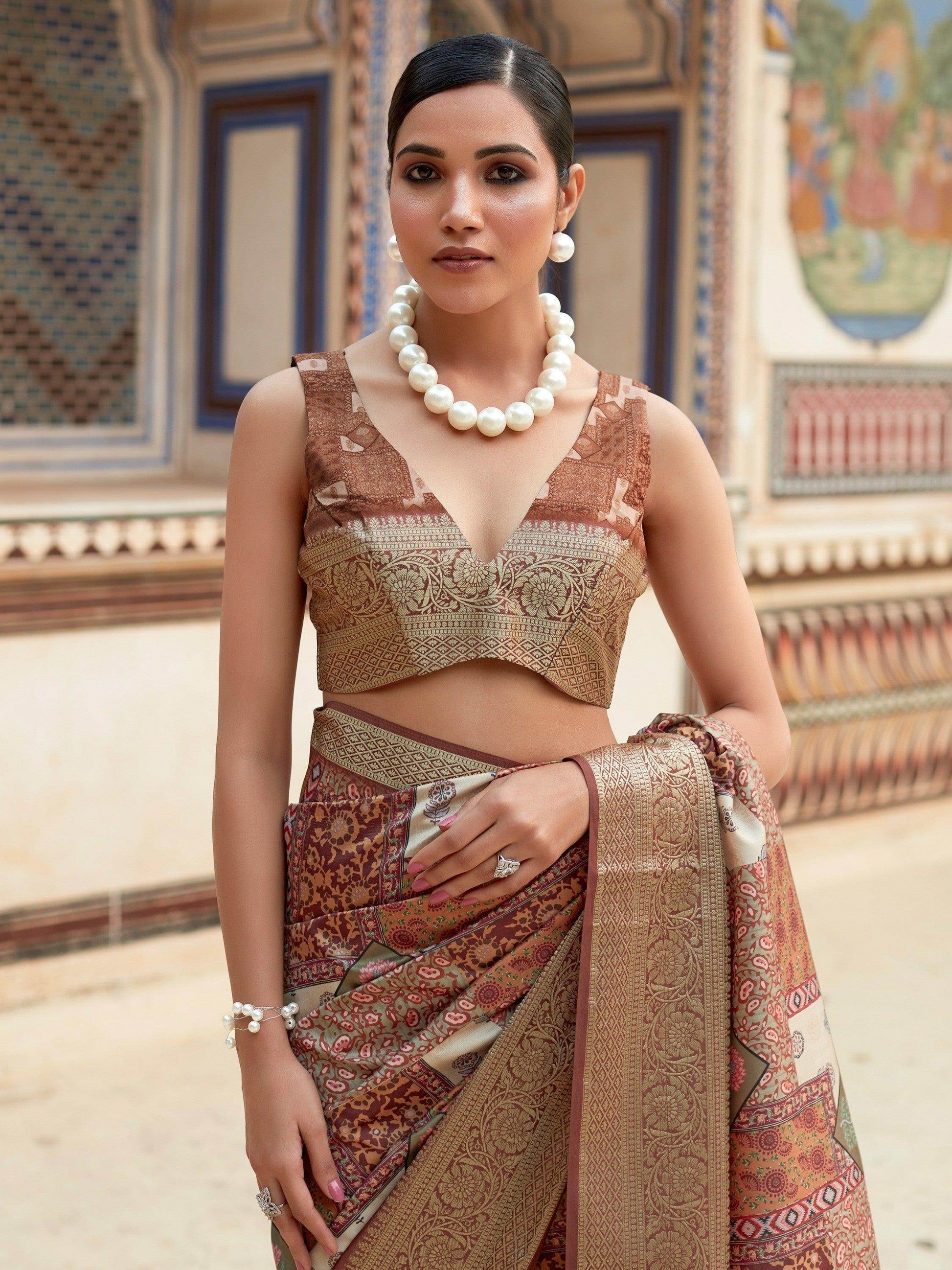 Amazing Brown Digital Printed Silk Events Wear Saree With Blouse - Zeel Clothing
