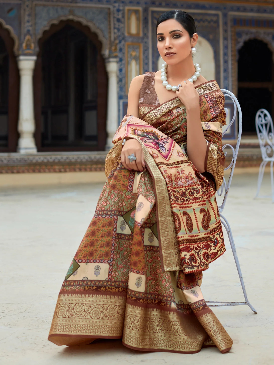 Amazing Brown Digital Printed Silk Events Wear Saree With Blouse