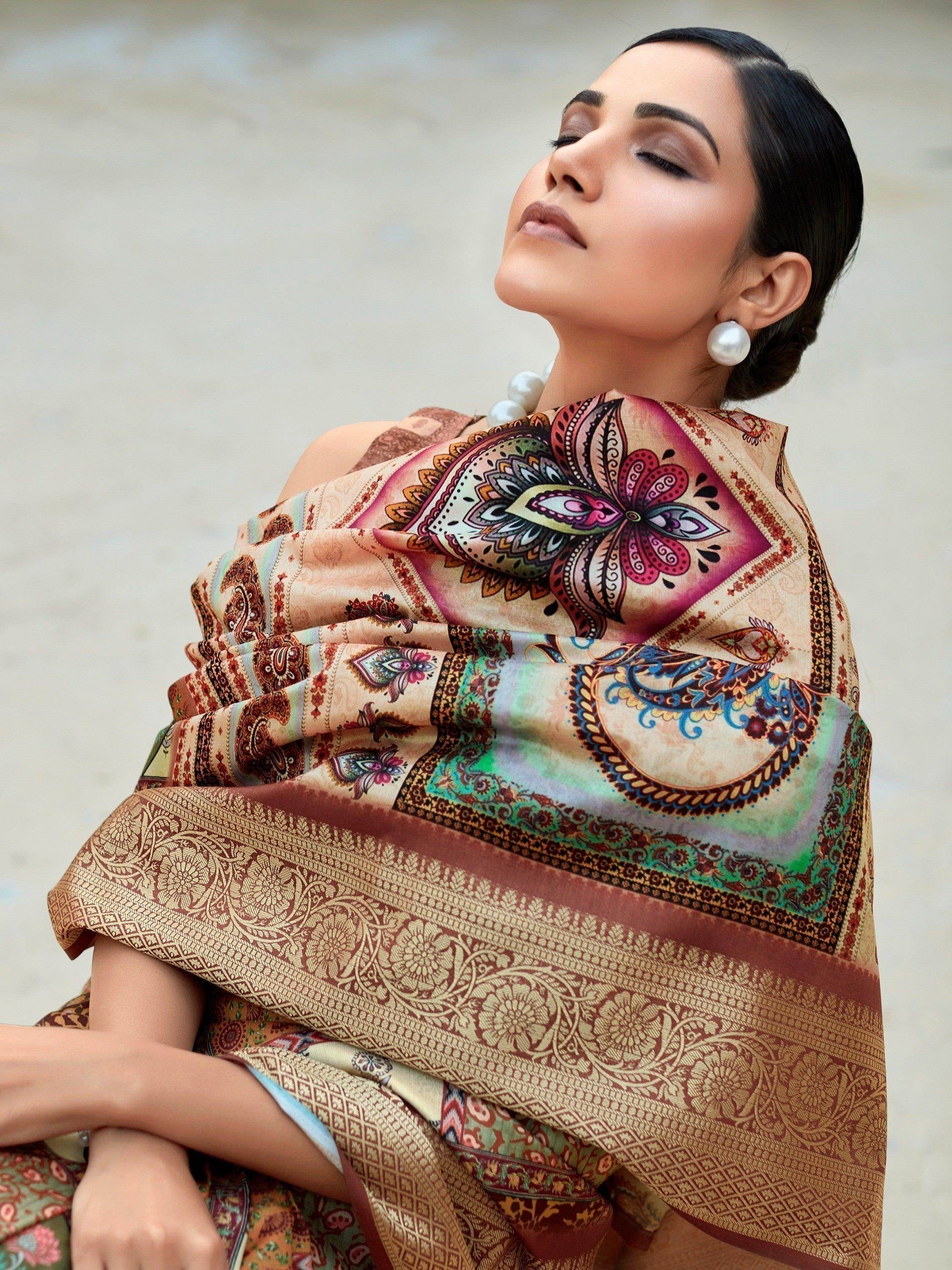 Amazing Brown Digital Printed Silk Events Wear Saree With Blouse - Zeel Clothing
