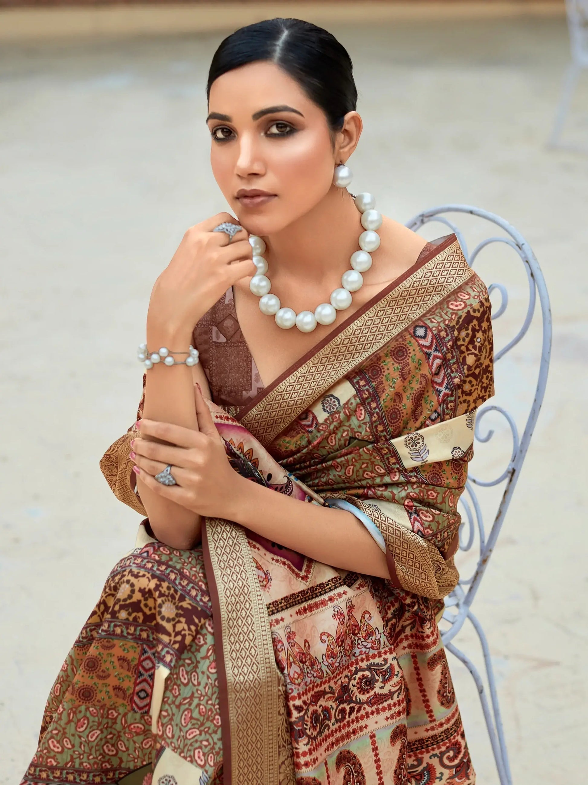 Amazing Brown Digital Printed Silk Events Wear Saree With Blouse - Zeel Clothing