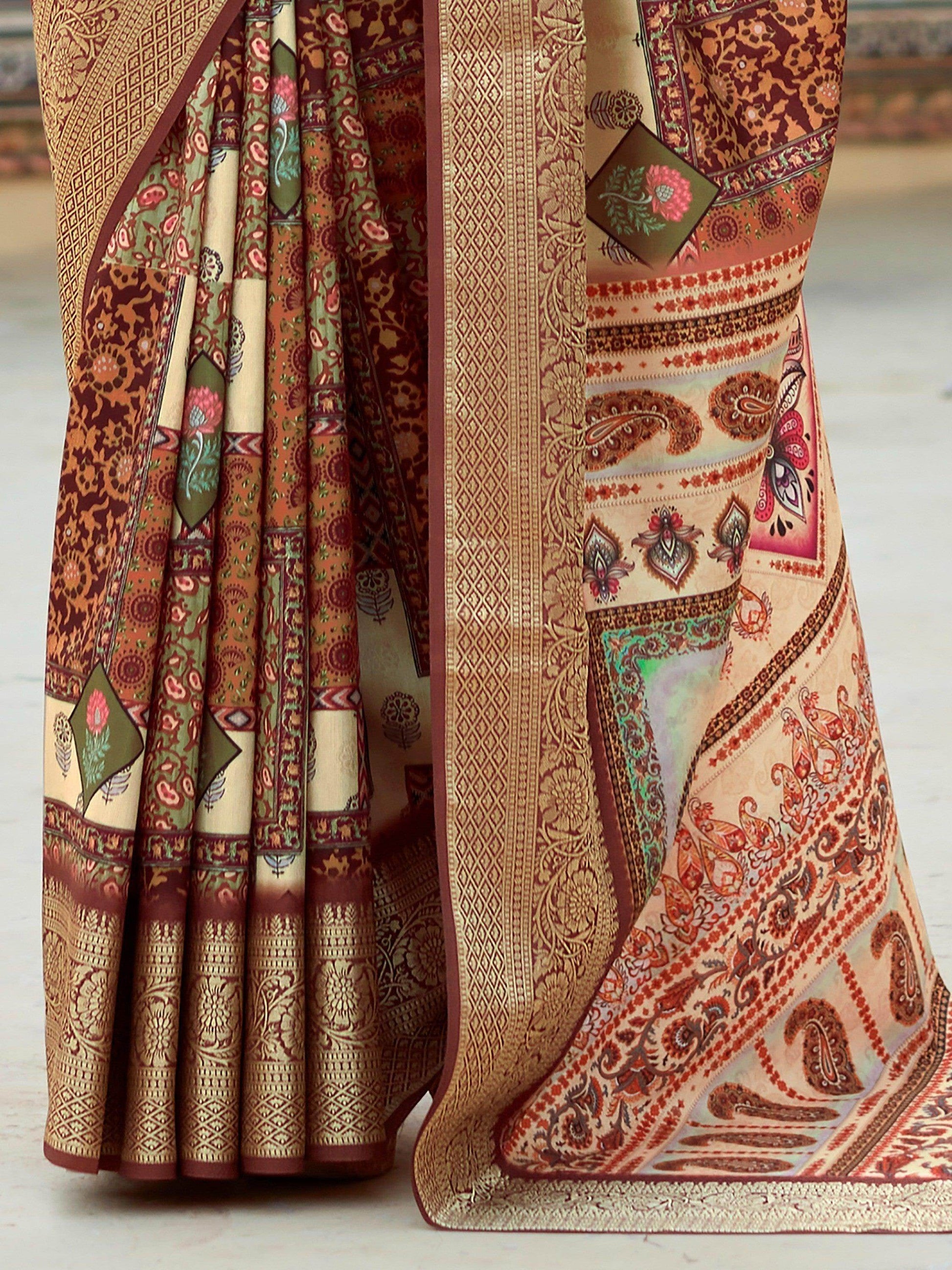 Amazing Brown Digital Printed Silk Events Wear Saree With Blouse - Zeel Clothing