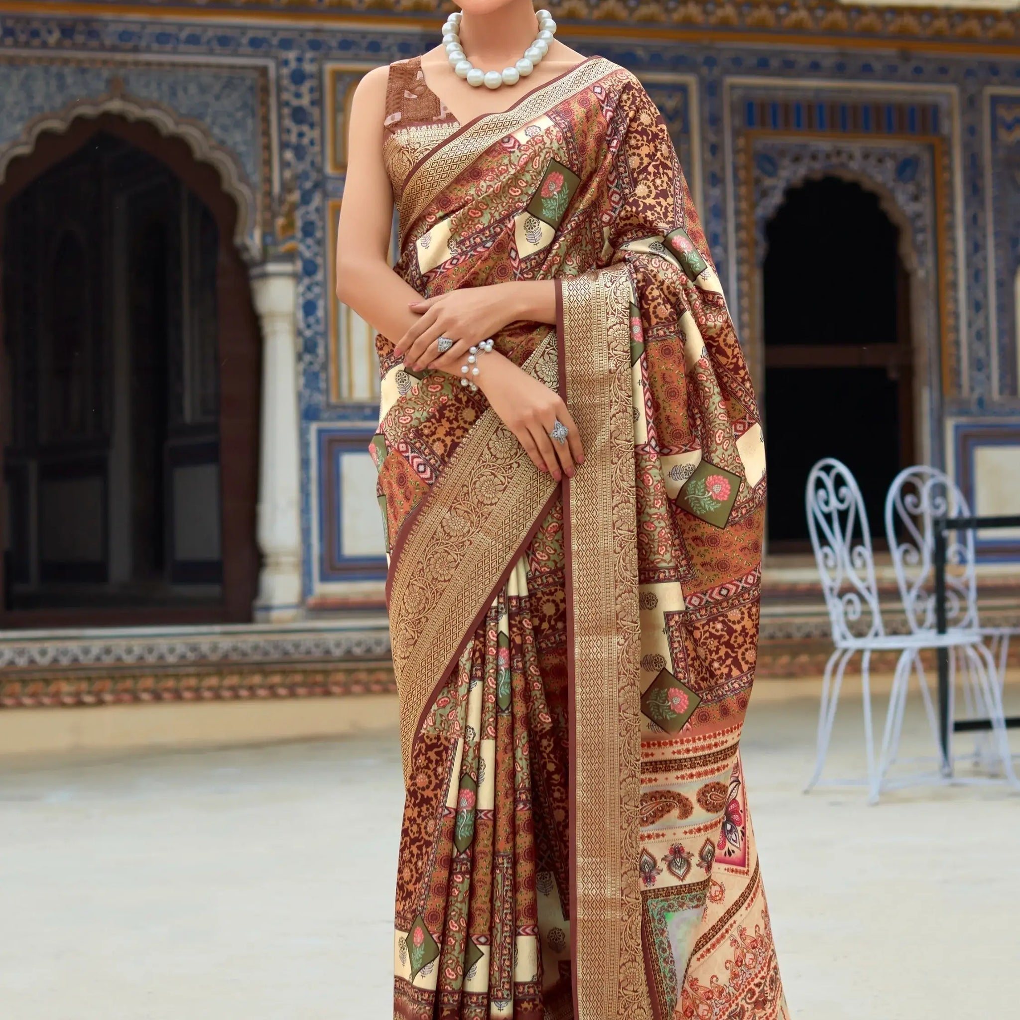 Amazing Brown Digital Printed Silk Events Wear Saree With Blouse - Zeel Clothing