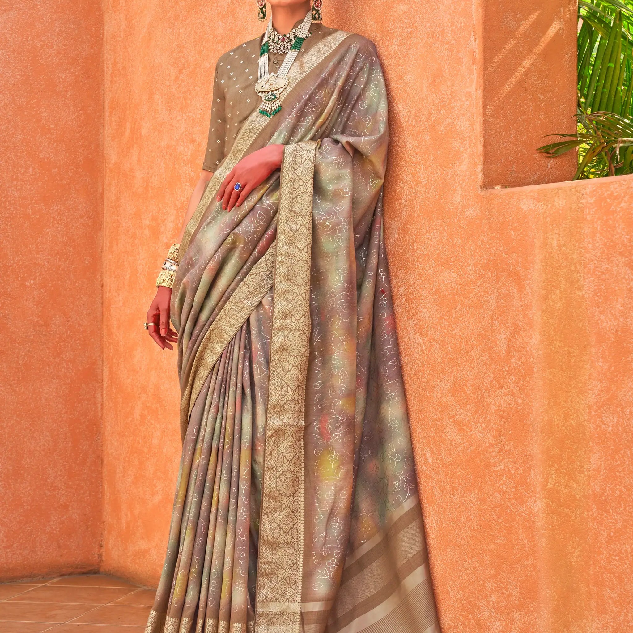 Amazing Brown Foil Printed Silk Event Wear Saree With Blouse - Zeel Clothing