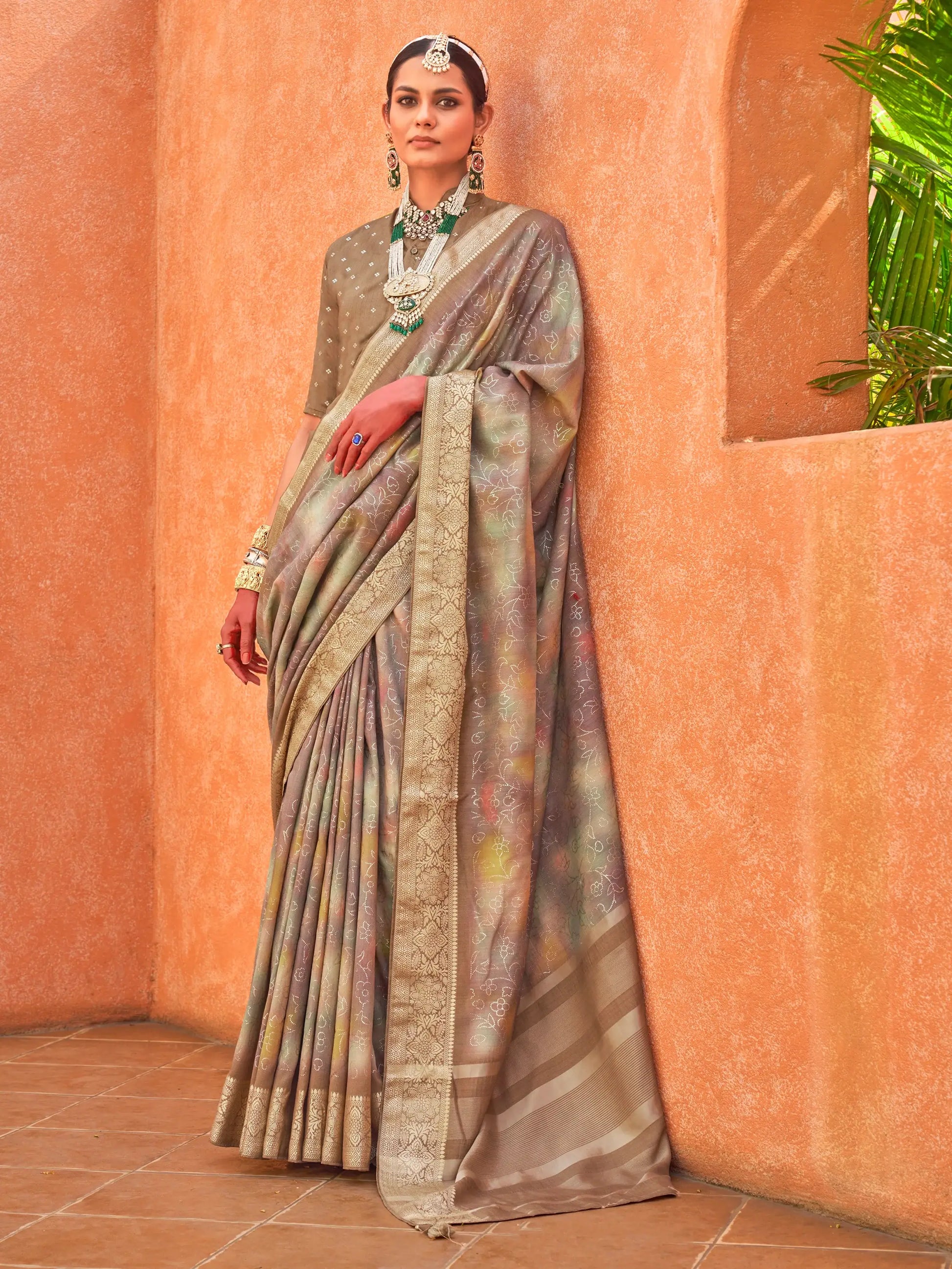 Amazing Brown Foil Printed Silk Event Wear Saree With Blouse - Zeel Clothing
