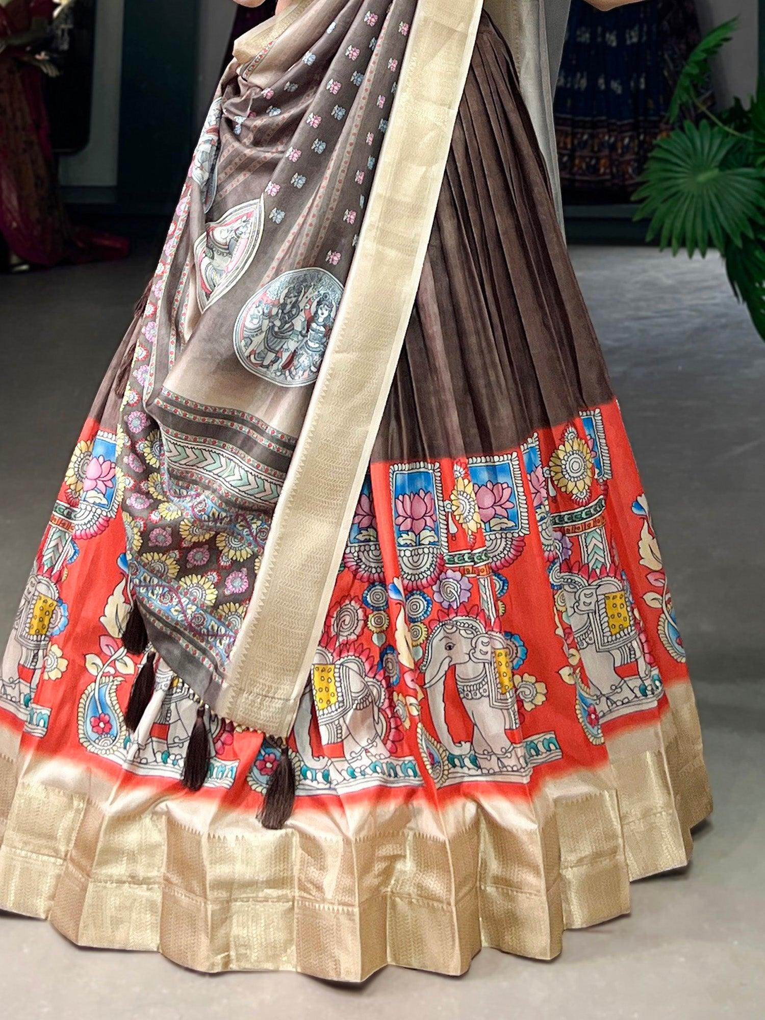 Amazing Brown Kalamkari Printed Dola Silk Navratri Lehenga Choli - Zeel Clothing