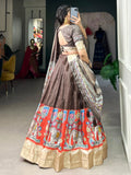 Amazing Brown Kalamkari Printed Dola Silk Navratri Lehenga Choli - Zeel Clothing