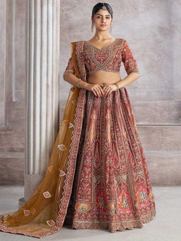 Amazing Brown Sequins Banarasi Silk Designer Lehenga Choli - Zeel Clothing