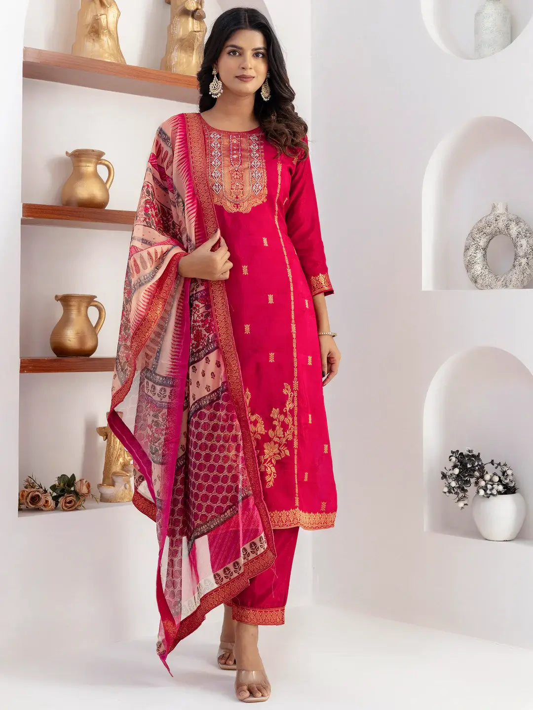 Amazing Cherry Pink Zari Weaving Viscose Silk Casual Wear Pant Suit - Zeel Clothing
