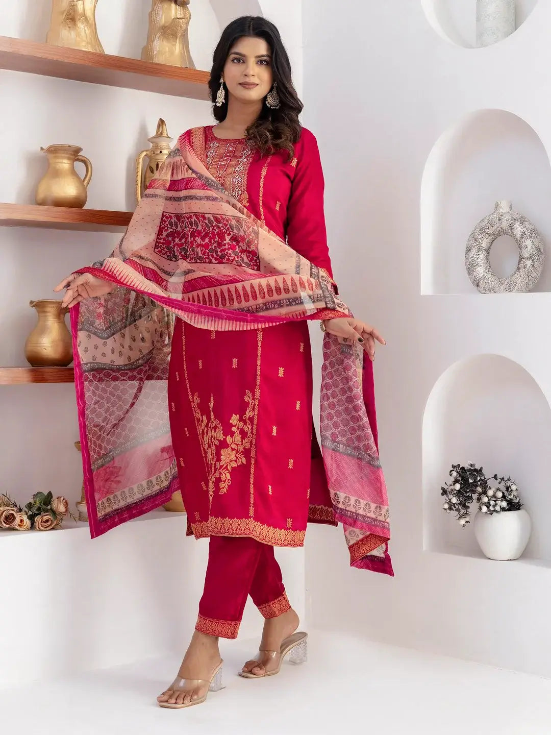 Amazing Cherry Pink Zari Weaving Viscose Silk Casual Wear Pant Suit - Zeel Clothing