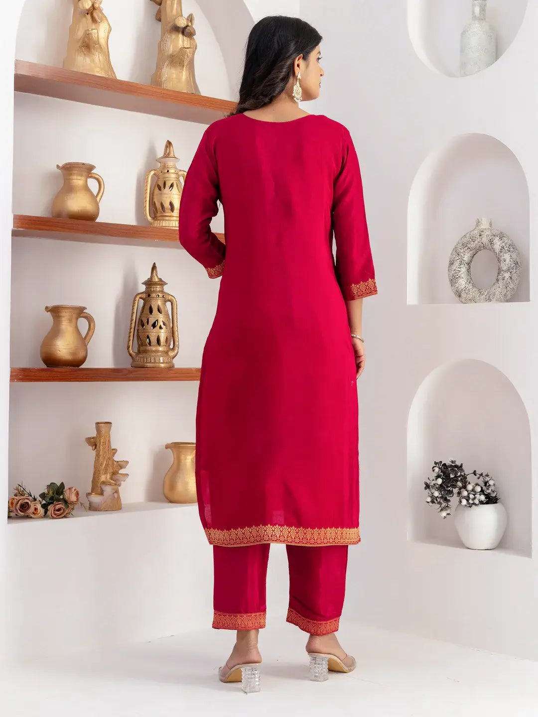 Amazing Cherry Pink Zari Weaving Viscose Silk Casual Wear Pant Suit - Zeel Clothing