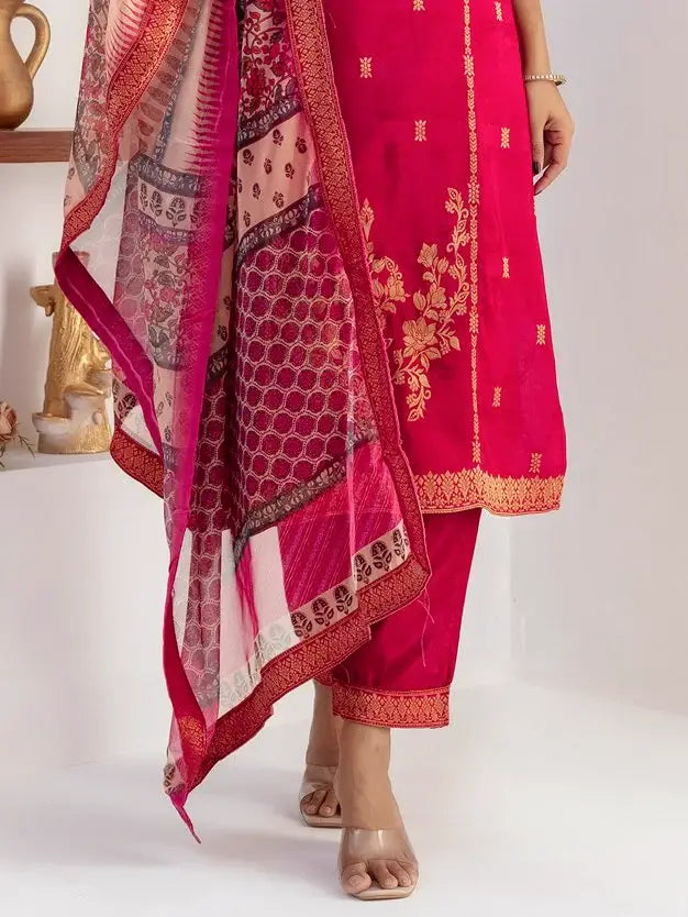 Amazing Cherry Pink Zari Weaving Viscose Silk Casual Wear Pant Suit - Zeel Clothing