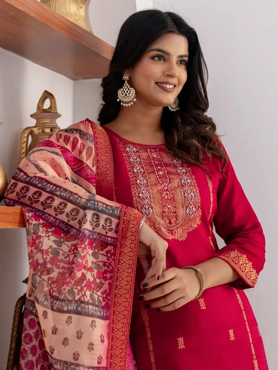 Amazing Cherry Pink Zari Weaving Viscose Silk Casual Wear Pant Suit - Zeel Clothing