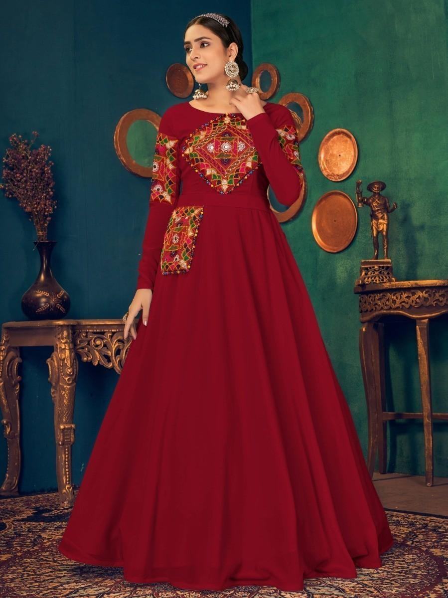 Red embroidered long sleeve gown with colorful geometric patterns, elegant women's fashion