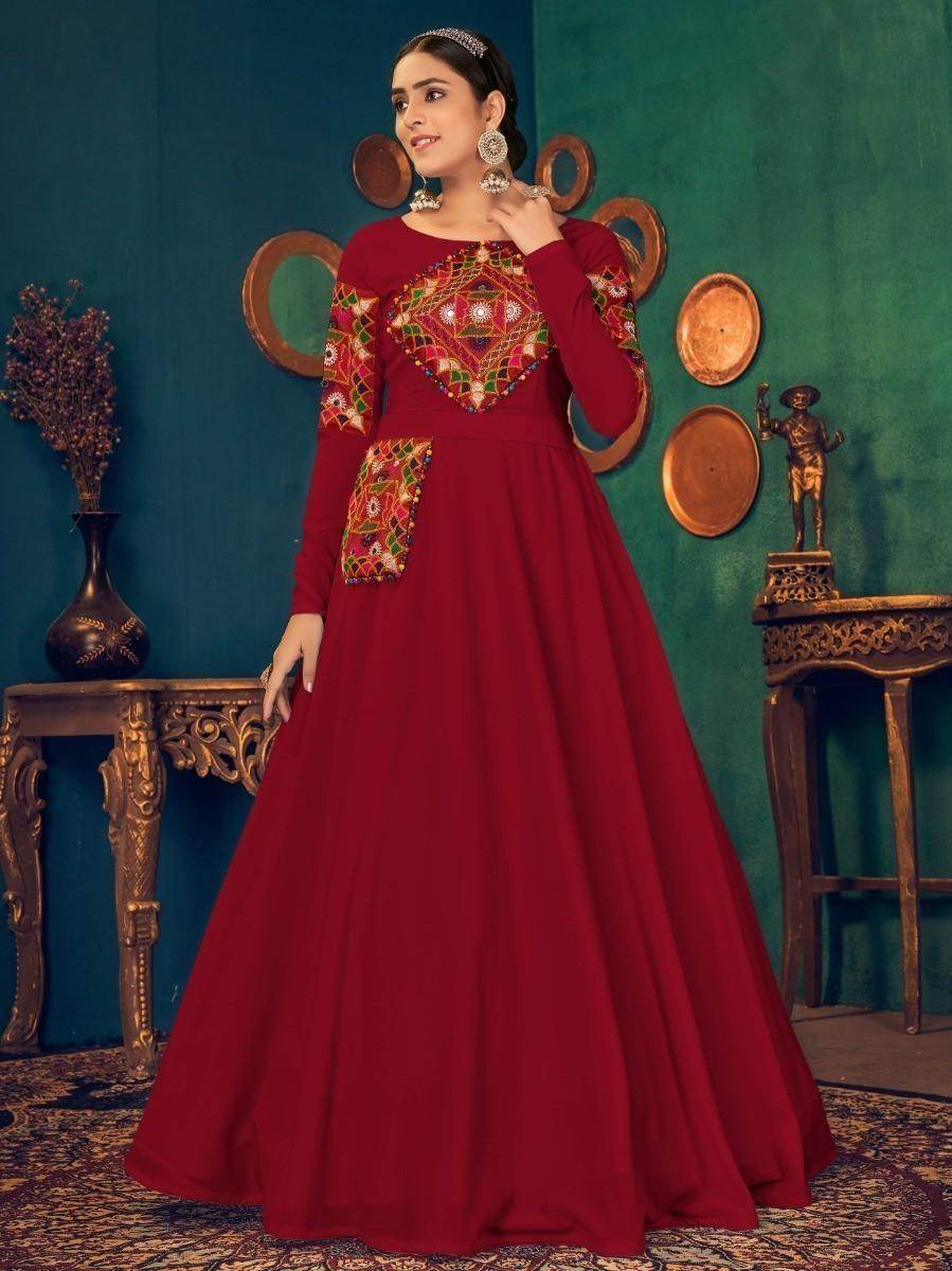 Amazing Cherry Red Pearl And Mirror Georgette Festive Wear Gown - Zeel Clothing