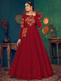 Amazing Cherry Red Pearl And Mirror Georgette Festive Wear Gown - Zeel Clothing