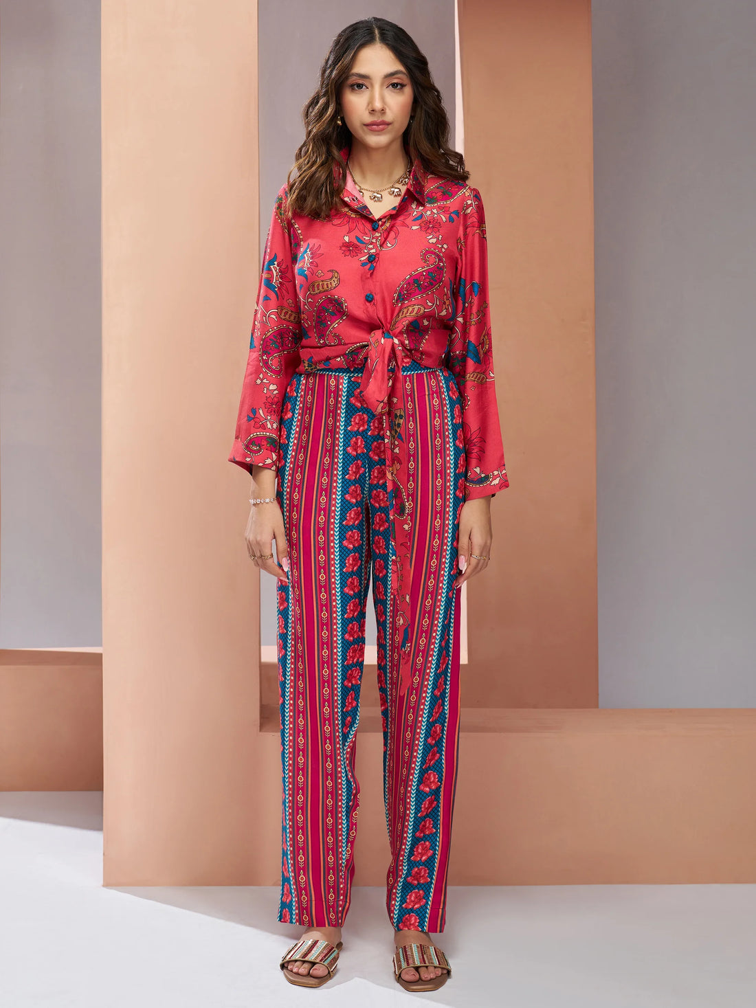 Amazing Coral Pink Digital Printed Muslin Silk Co-Ord Set - Zeel Clothing