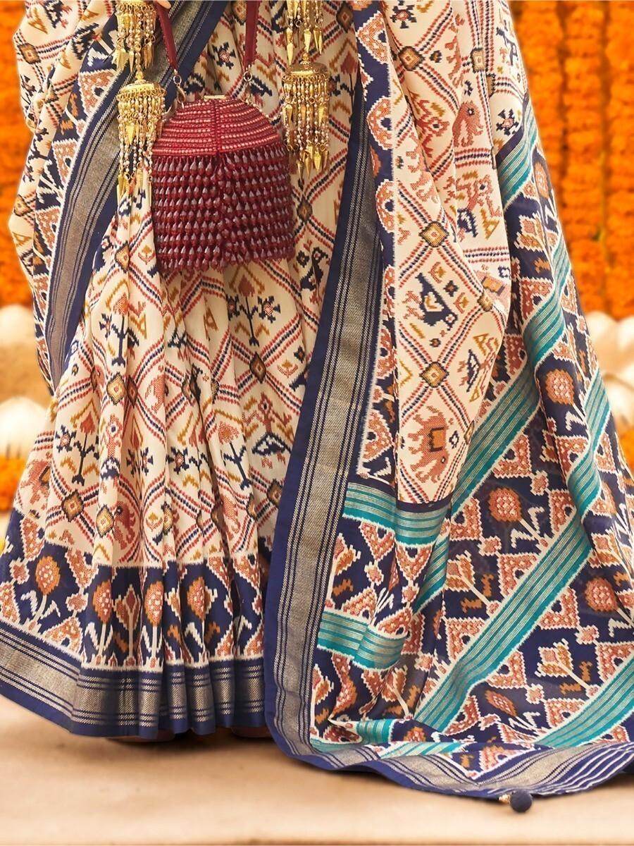 Amazing Cream & Blue Patola Printed Silk Traditional Saree - Zeel Clothing