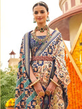 Amazing Cream & Blue Patola Printed Silk Traditional Saree - Zeel Clothing