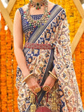Amazing Cream & Blue Patola Printed Silk Traditional Saree - Zeel Clothing
