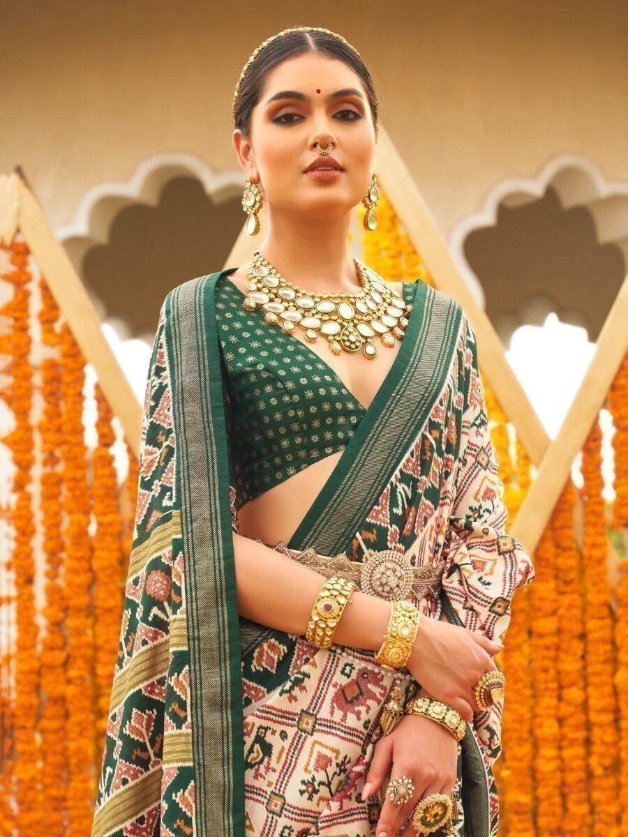 Amazing Cream & Green Patola Printed Silk Saree With Blouse