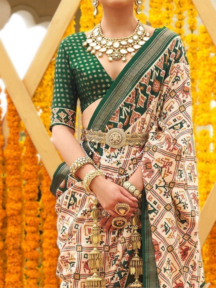 Amazing Cream & Green Patola Printed Silk Saree With Blouse - Zeel Clothing