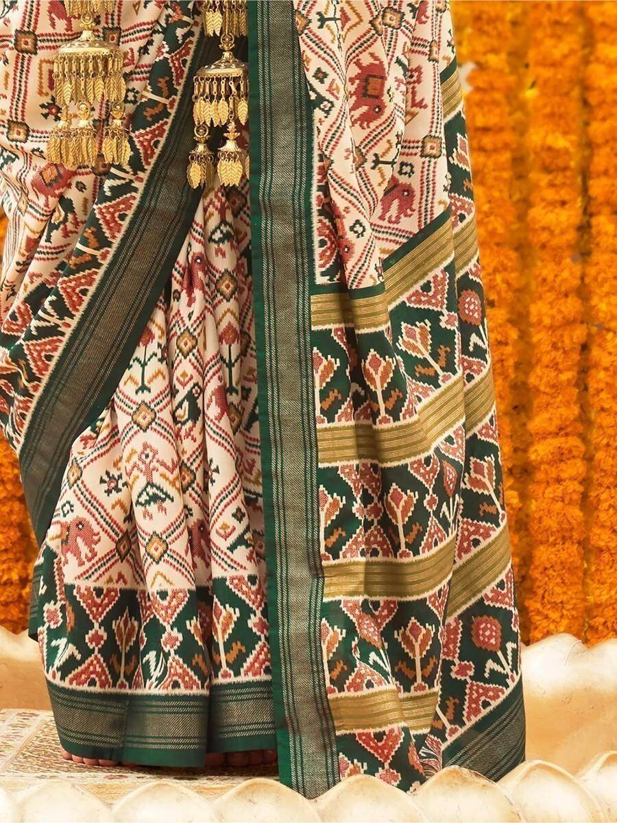 Amazing Cream & Green Patola Printed Silk Saree With Blouse - Zeel Clothing