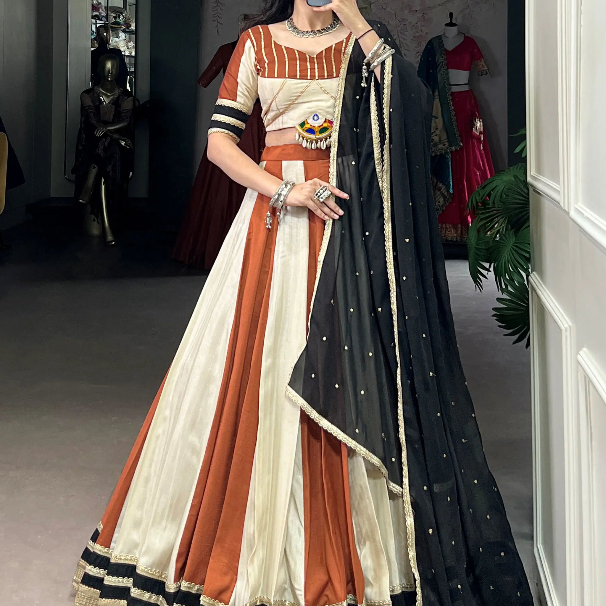 Amazing Cream & Orange Lace Border Chinon Navratri Special Lehenga Choli - Zeel Clothing