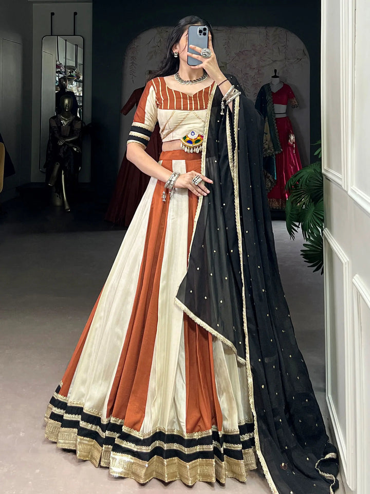 Amazing Cream & Orange Lace Border Chinon Navratri Special Lehenga Choli - Zeel Clothing