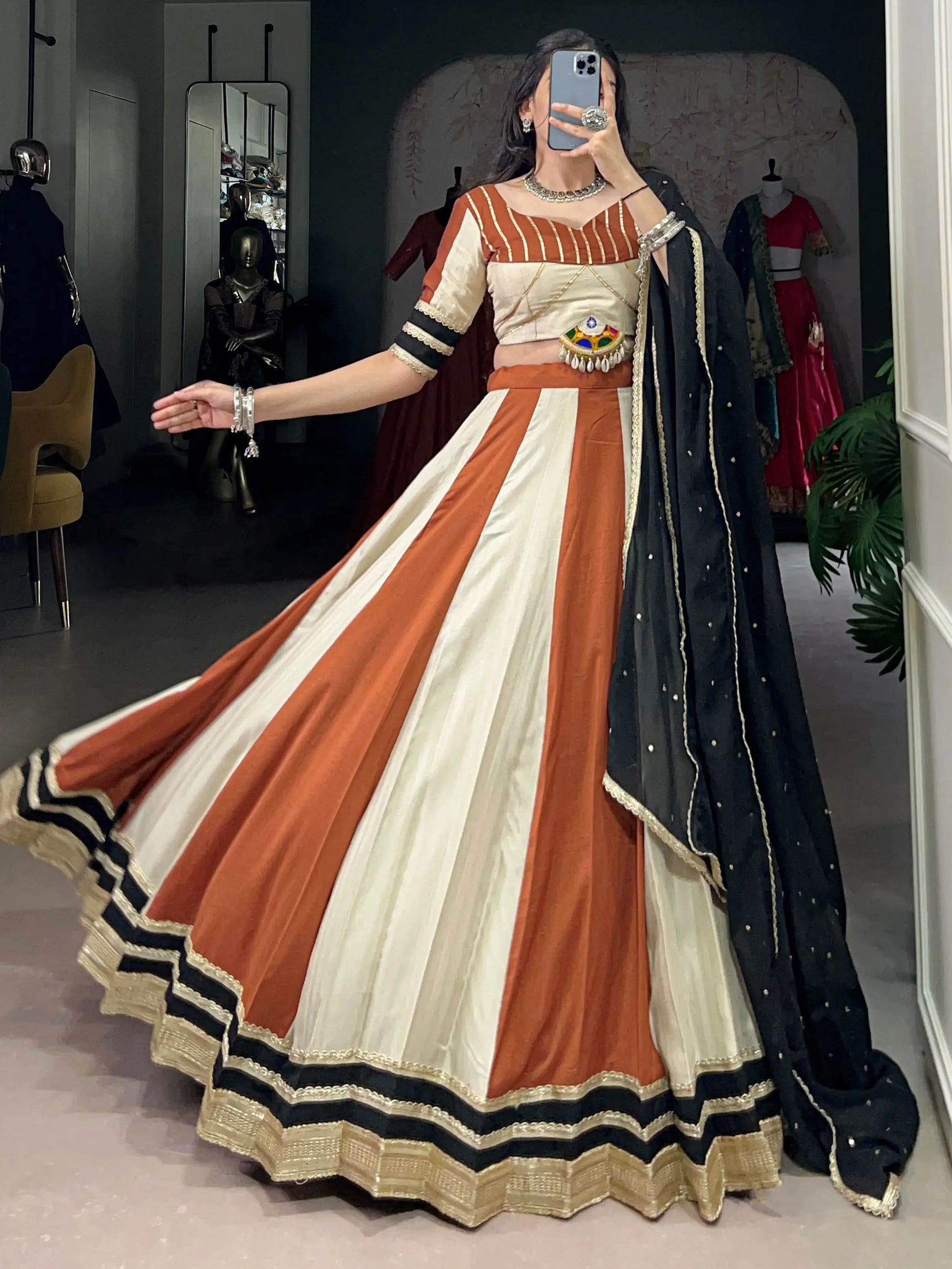 Amazing Cream & Orange Lace Border Chinon Navratri Special Lehenga Choli - Zeel Clothing