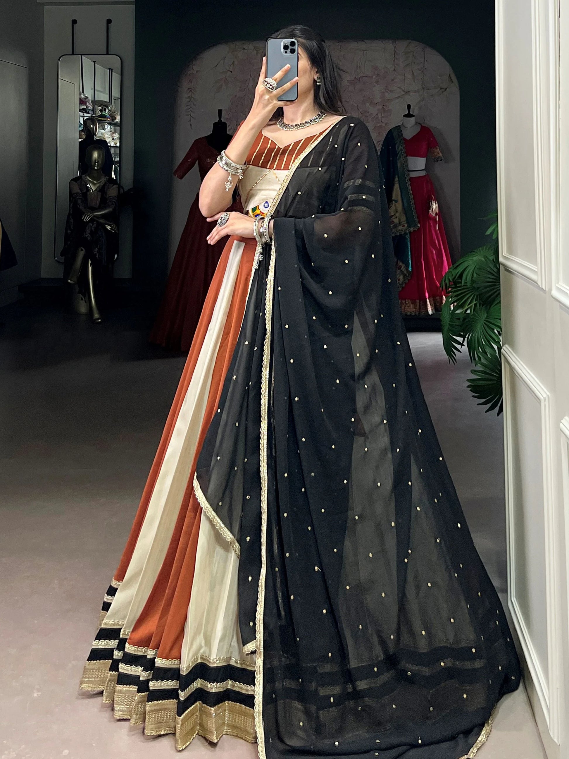 Amazing Cream & Orange Lace Border Chinon Navratri Special Lehenga Choli - Zeel Clothing
