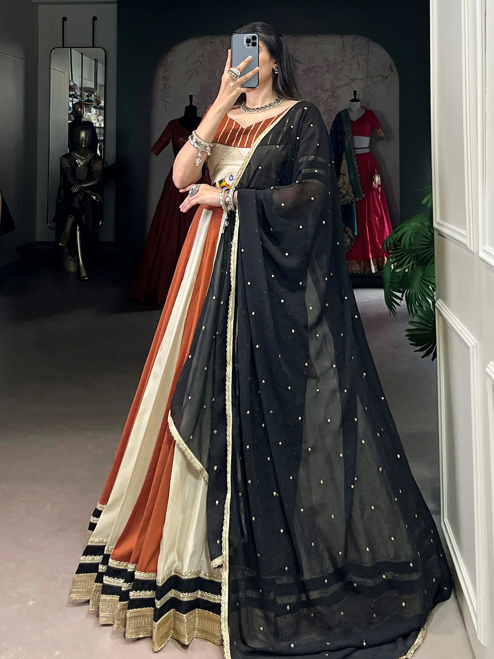 Amazing Cream & Orange Lace Border Chinon Navratri Special Lehenga Choli - Zeel Clothing