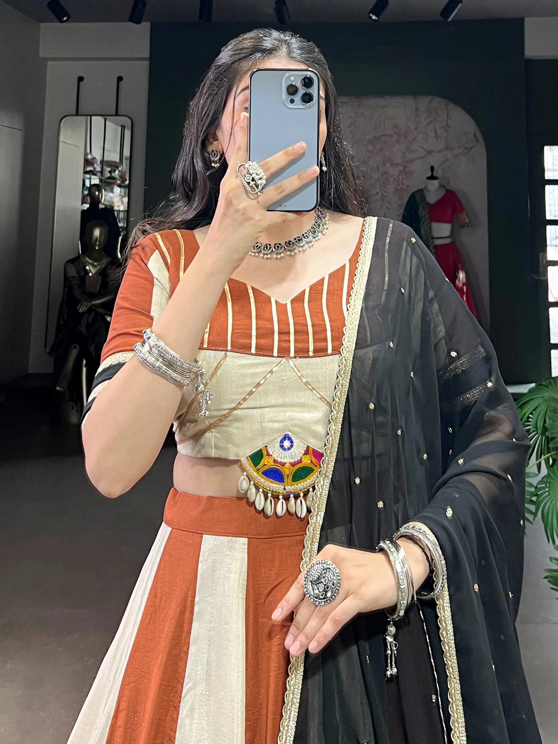 Amazing Cream & Orange Lace Border Chinon Navratri Special Lehenga Choli - Zeel Clothing