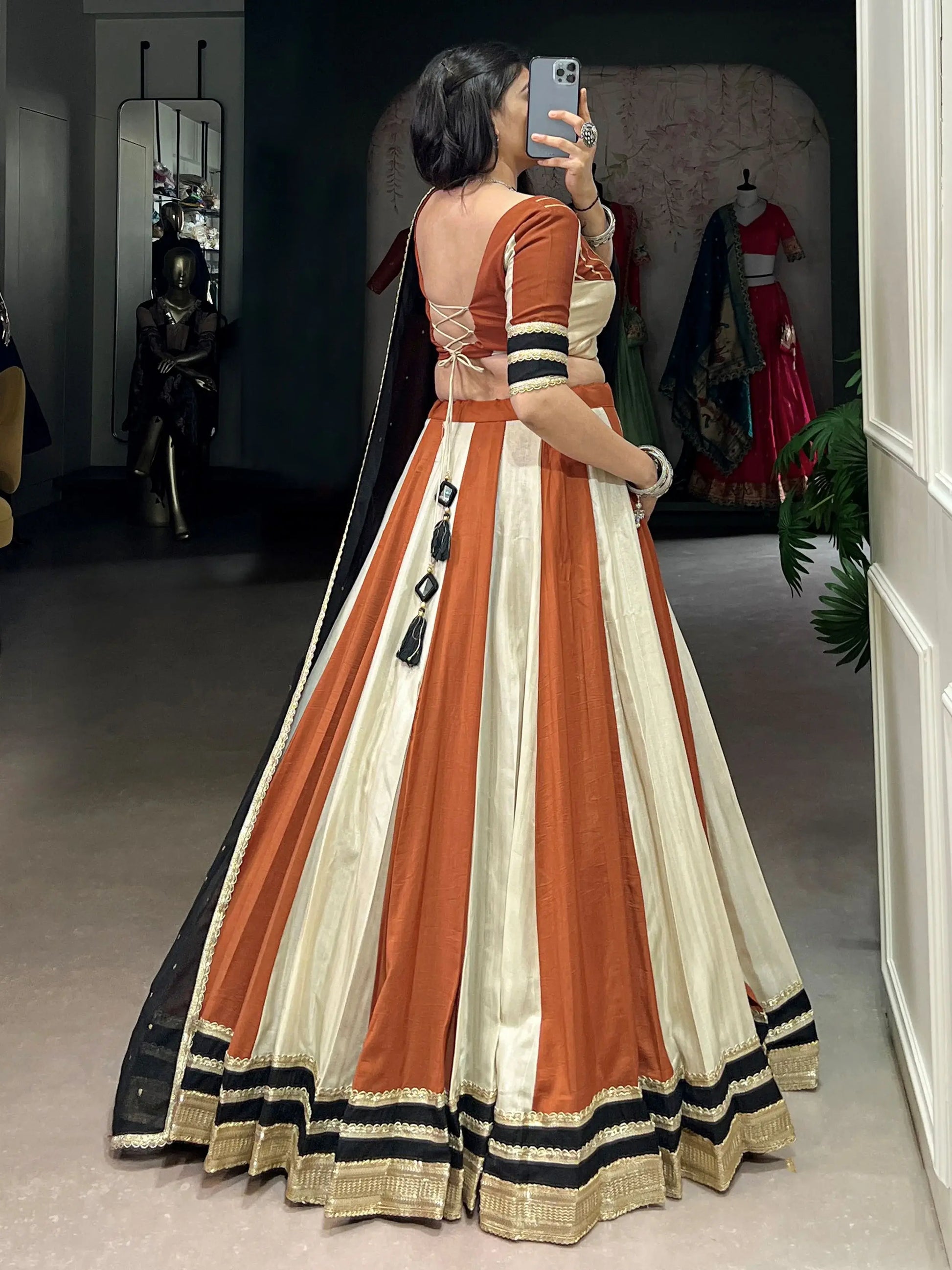 Amazing Cream & Orange Lace Border Chinon Navratri Special Lehenga Choli - Zeel Clothing
