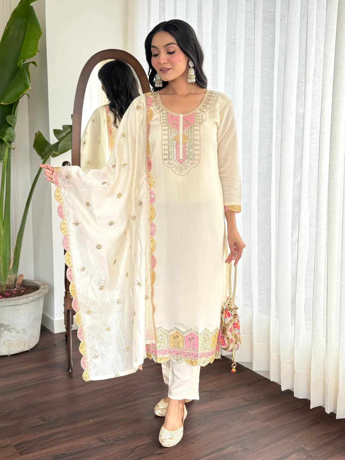 Amazing Cream Embroidered Chanderi Silk Traditional Pant Suit - Zeel Clothing