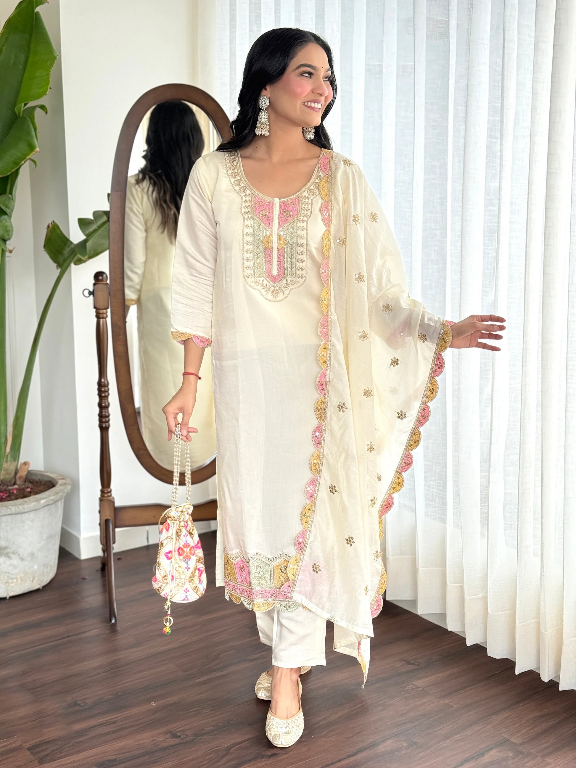 Amazing Cream Embroidered Chanderi Silk Traditional Pant Suit - Zeel Clothing