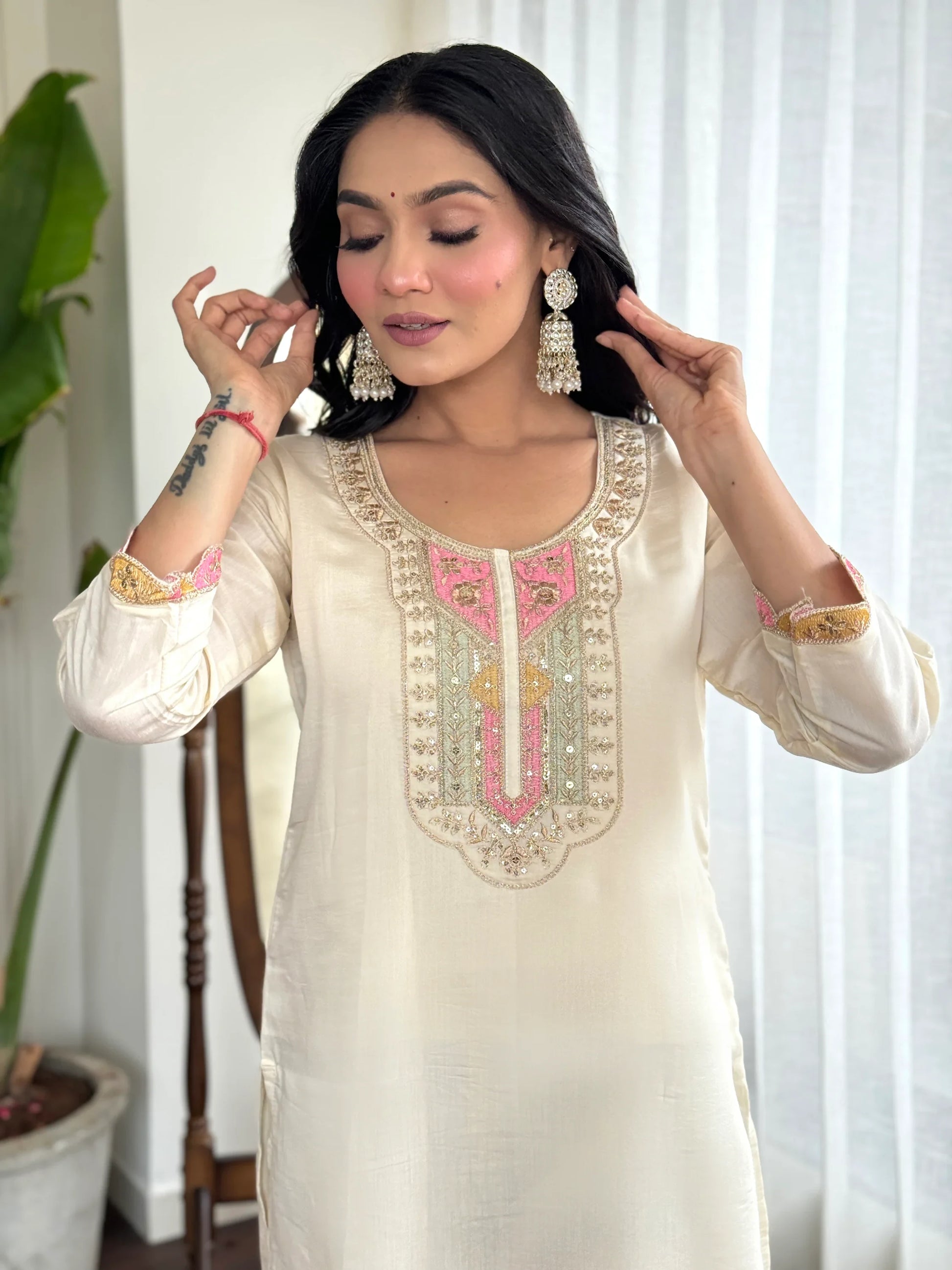 Amazing Cream Embroidered Chanderi Silk Traditional Pant Suit - Zeel Clothing