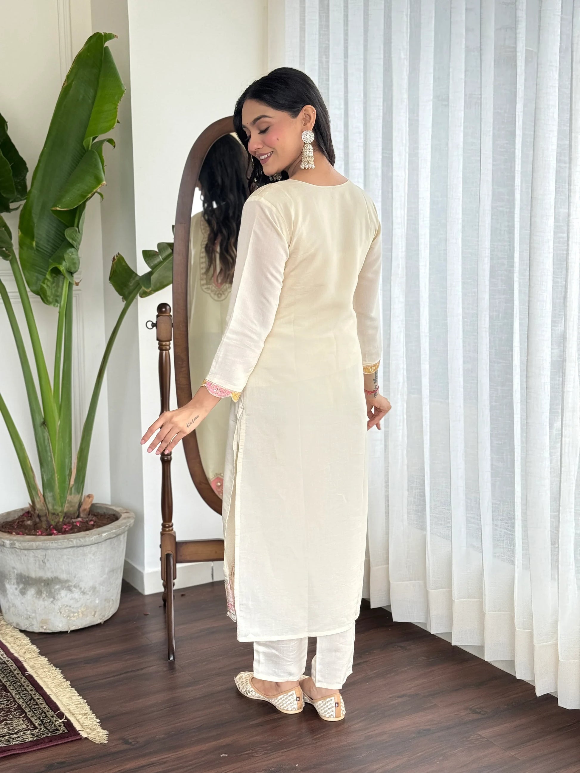 Amazing Cream Embroidered Chanderi Silk Traditional Pant Suit - Zeel Clothing