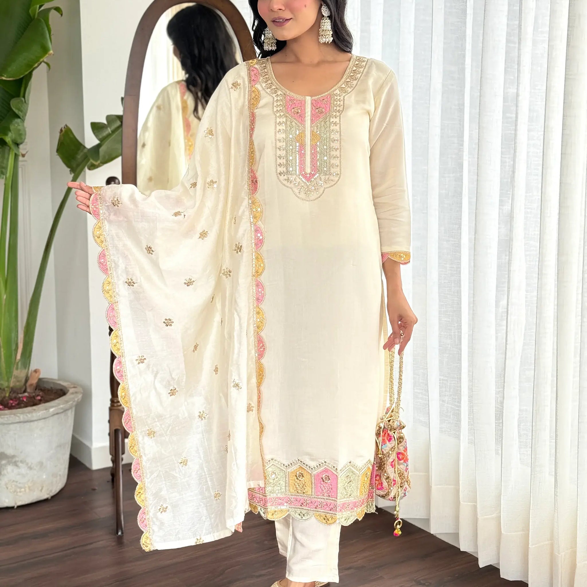 Amazing Cream Embroidered Chanderi Silk Traditional Pant Suit - Zeel Clothing