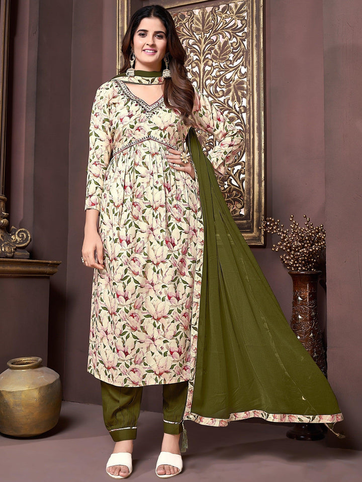Amazing Cream Floral Printed Rayon Readymade Salwar Kameez