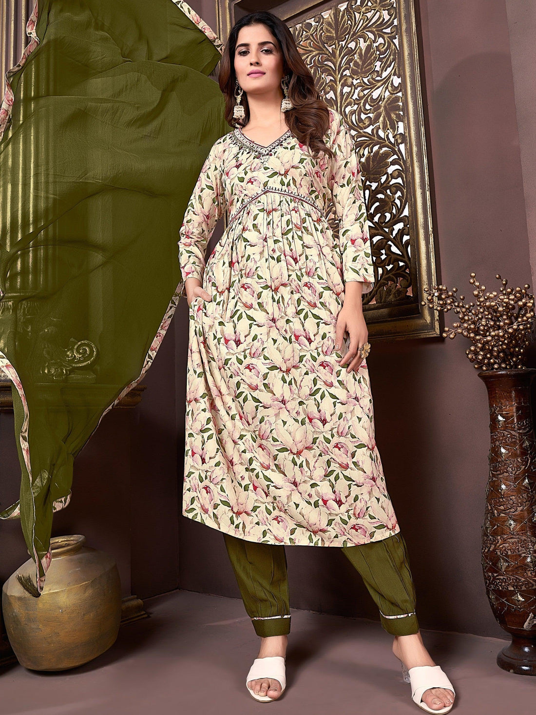 Amazing Cream Floral Printed Rayon Readymade Salwar Kameez