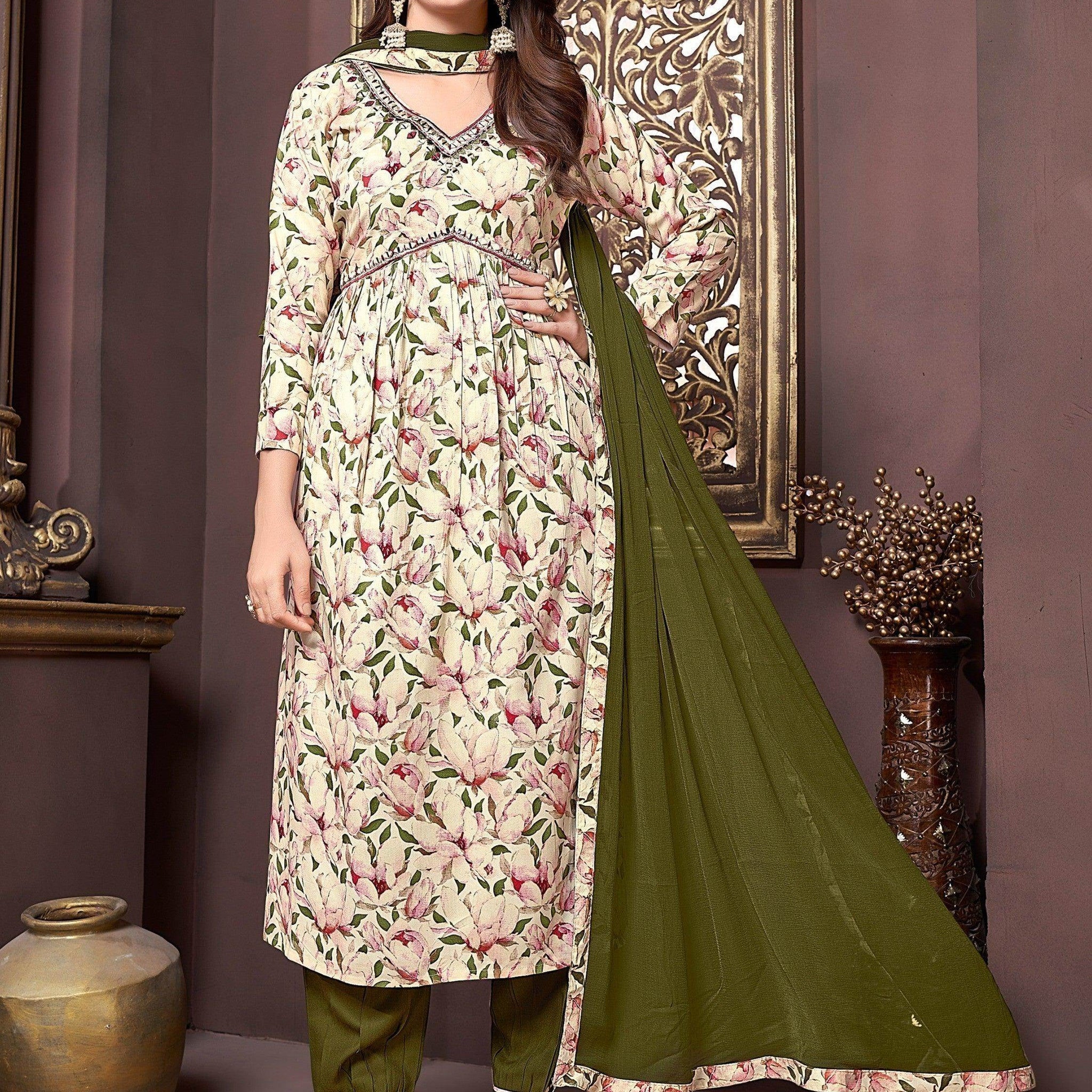Amazing Cream Floral Printed Rayon Readymade Salwar Kameez - Zeel Clothing